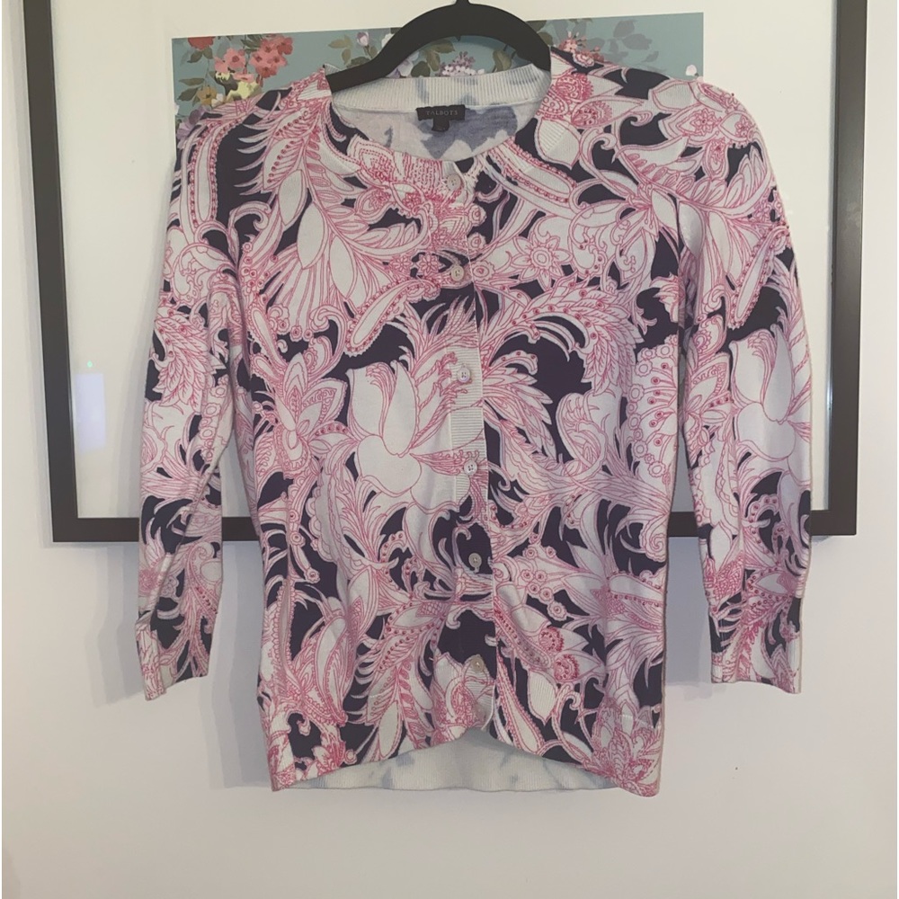 🌸 Talbots Floral Beaded Button-Front Cardigan | Pink Blue White | XS 🌸 - Picture 2 of 10